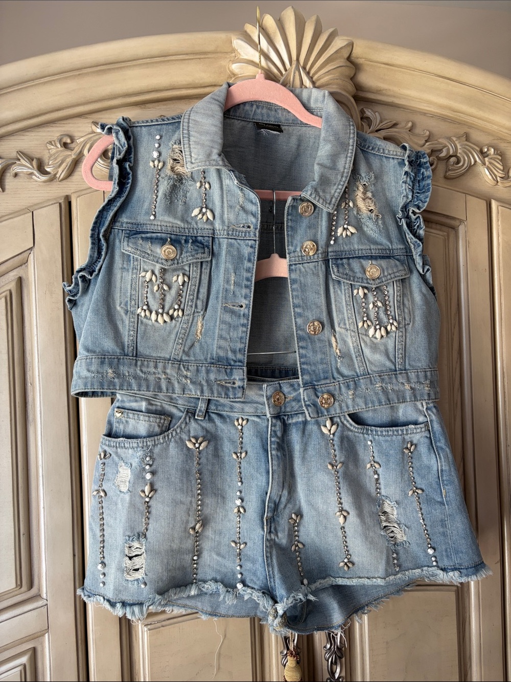 2 Piece Beaded Light Wash Denim Vest & Shorts Set